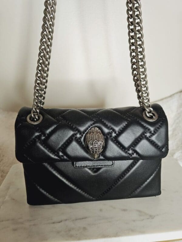 A black purse with silver chain and a metal skull on it.