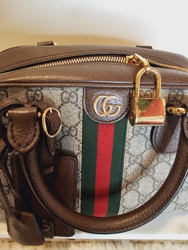 A close up of the front of a gucci bag