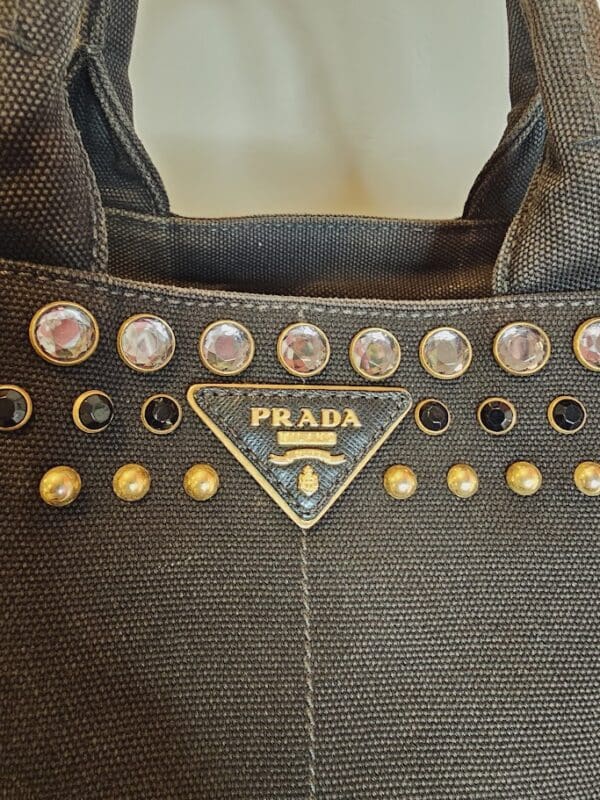 A close up of the prada logo on a purse