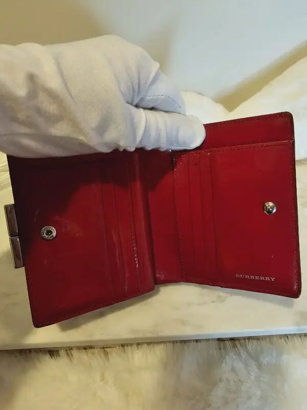 A person holding an open red wallet.